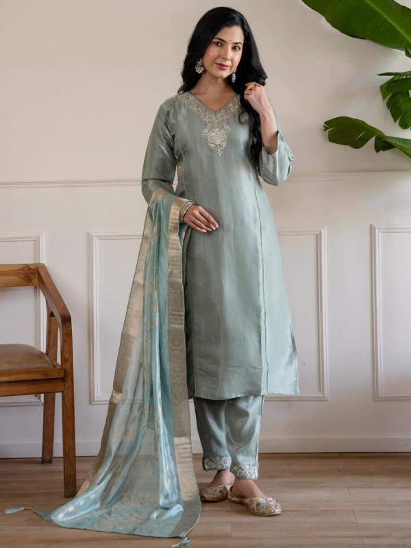 VP 9907 G Women’s Glass Roman Silk Straight Kurta Pent Dupatta Sets  | 3pcs Ethnic Set